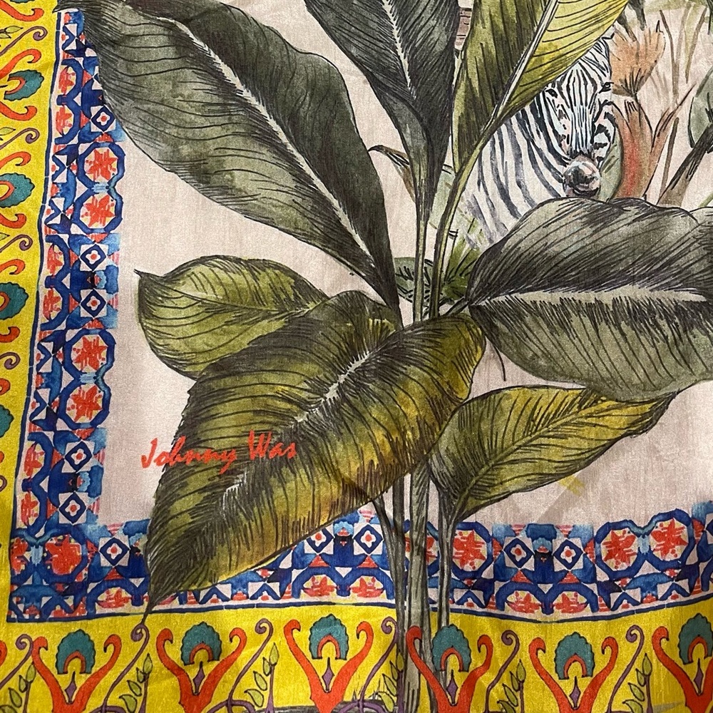 JOHNNY WAS Silk Scarf Tiger Botanicals Parrot Boho Wrap w/ Tassels - Picture 4 of 7